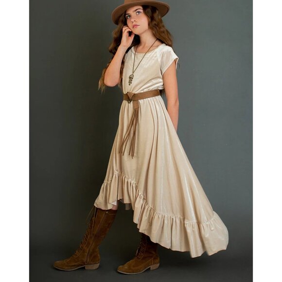 Joyfolie Girls Ivory Velvet High-Low Dress With Cap Sleeves & Ruffle Hem size 5 - Picture 1 of 10
